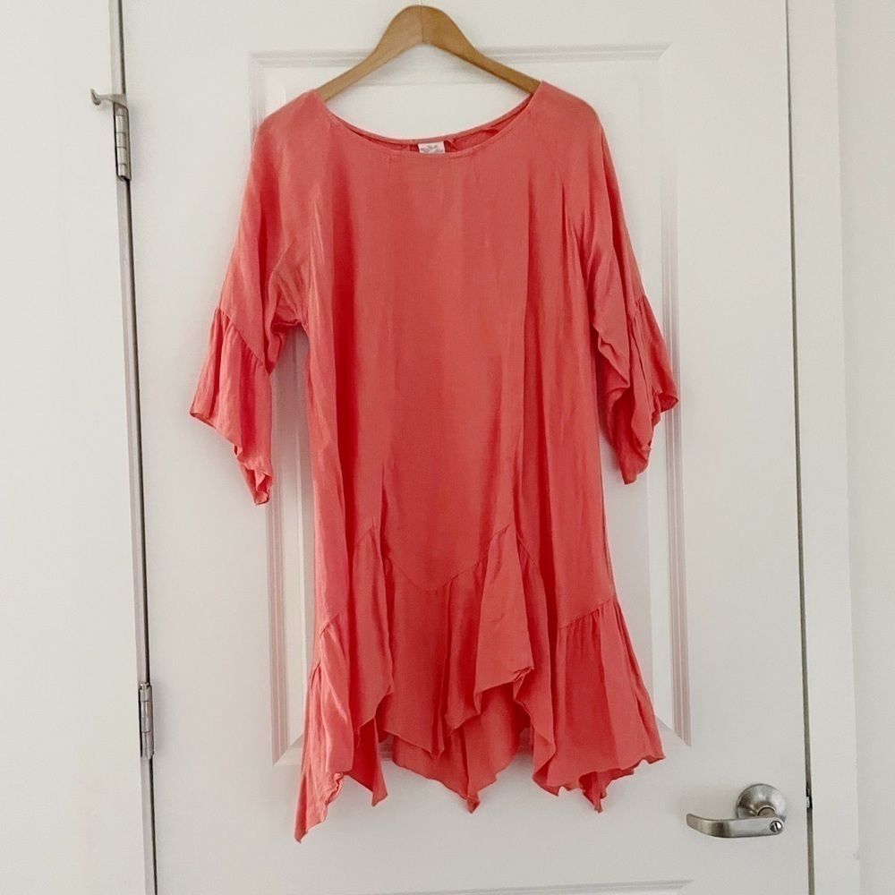 Match Point USA Lagenlook Linen Ruffle Tunic Coral Asymmetrical - Picture 2 of 8